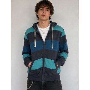 Roebuck & Co Sears Y2K Striped Zip Up Hoodie Blue Teal Grunge Small Skate Street